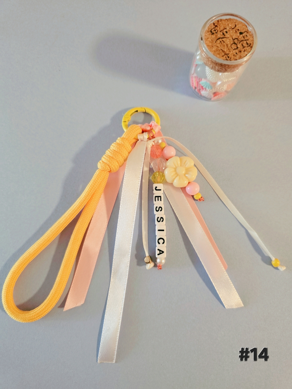 Personalized Ribbon Keychain with 'JESSICA' Beads - Yellow, Pink, White